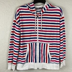 Women’s Lands End Striped Terry Cloth Zip Up Hooded Jacket Size M/P